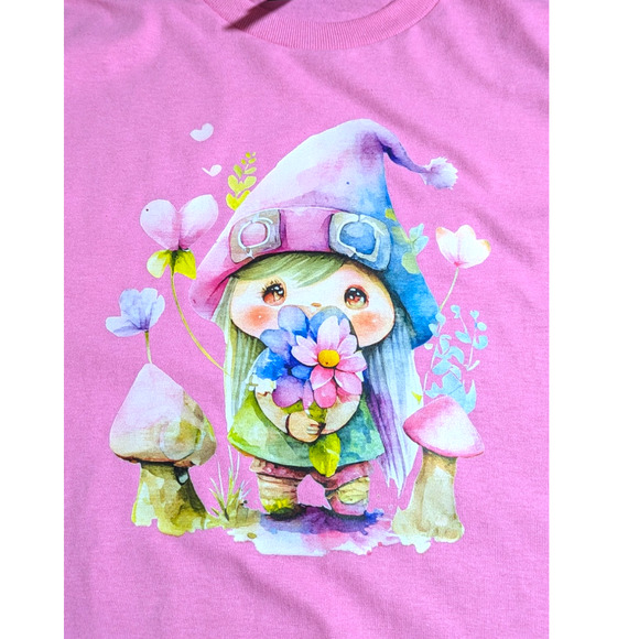 Cute - Gnome with Flowers - Graphic Tee - Pink - Size S - NWOT All Genders - Picture 4 of 7